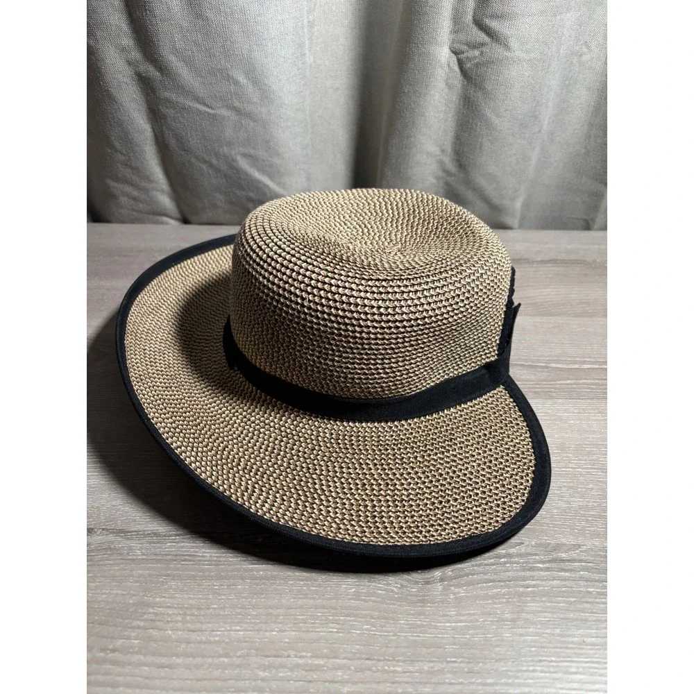 Karen Keith Med‎ Headwear Woven Straw Sun Hat Ponytail Cutout Beach Coastal Pool